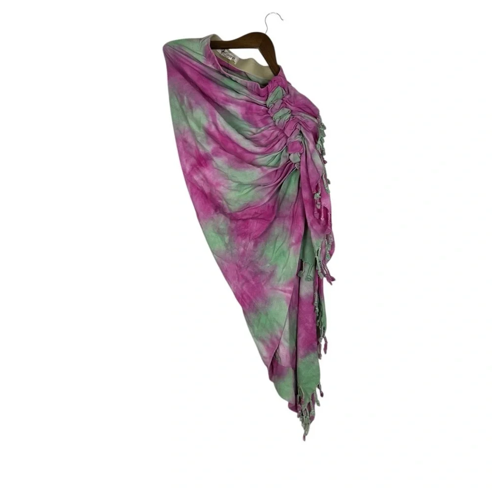 Just Bee Queen Tie Dye Sarong Skirt XS Pink Green Fringe Wrap